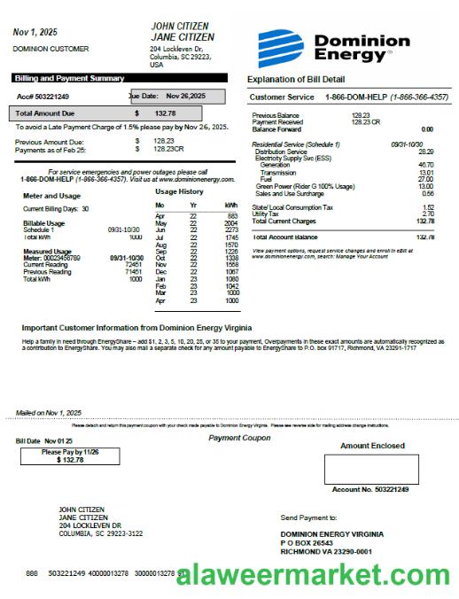 USA Dominion Energy utility bill template in Word and PDF formats, version 2